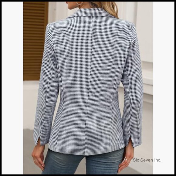 Polyester Lapel Collar Plaid Boyfriend Blazer Houndstooth Work Office Jacket - Picture 3 of 7